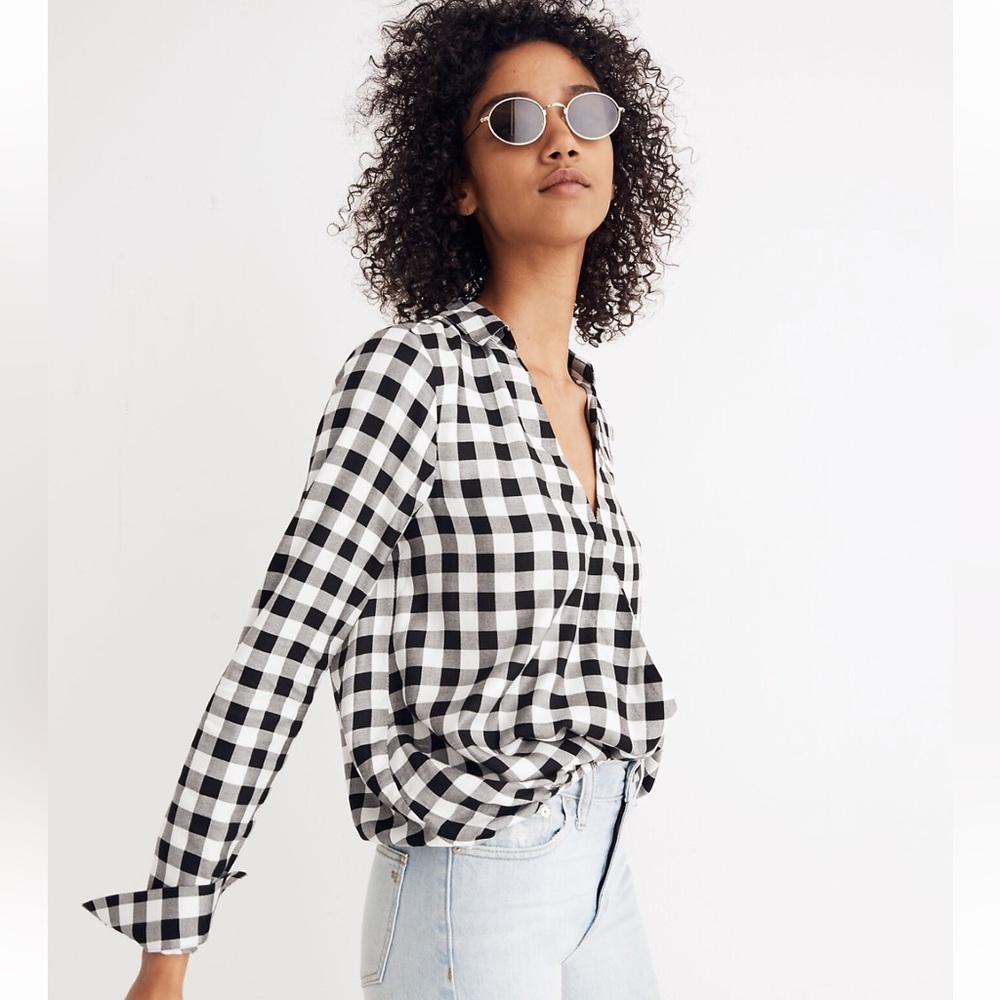 Madewell Black White Buffalo Check Wrap Blouse Size M